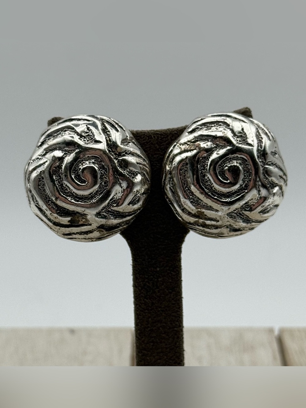 Tortolani Silver Swirl Stud clip on Earrings - Classic Metal Rose Design